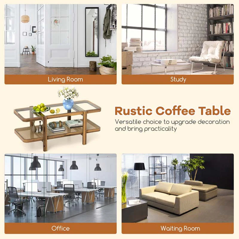 2-Tier Rattan Coffee Table, 47.5" Solid Wood Rectangle Tea Table with Tempered Glass Top & Storage Shelf, Farmhouse Boho Center Table for Living Room