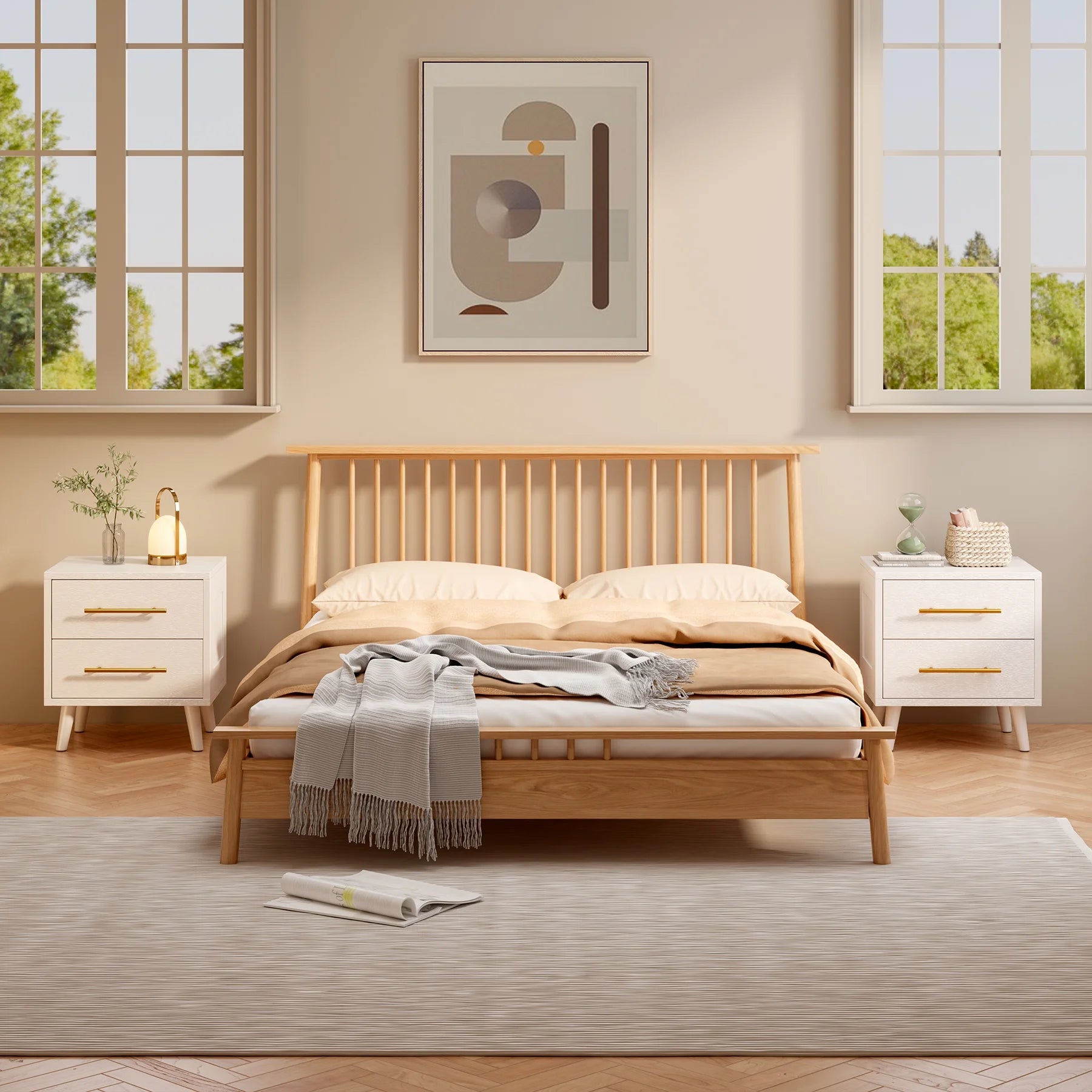 Bedroom Furniture Set - Includes Queen Bed Frame, Nightstands Set of 2, 5 - Drawer Dresser & Vanity Desk - Modern Storage Solution for Stylish Home Decor, Beige/White