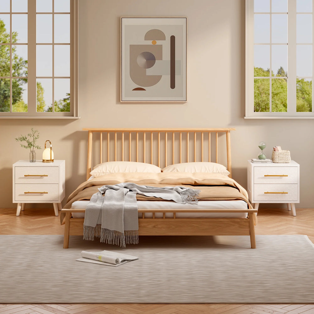 Bedroom Furniture Set - Includes Queen Bed Frame, Nightstands Set of 2, 5 - Drawer Dresser & Vanity Desk - Modern Storage Solution for Stylish Home Decor, Beige/White
