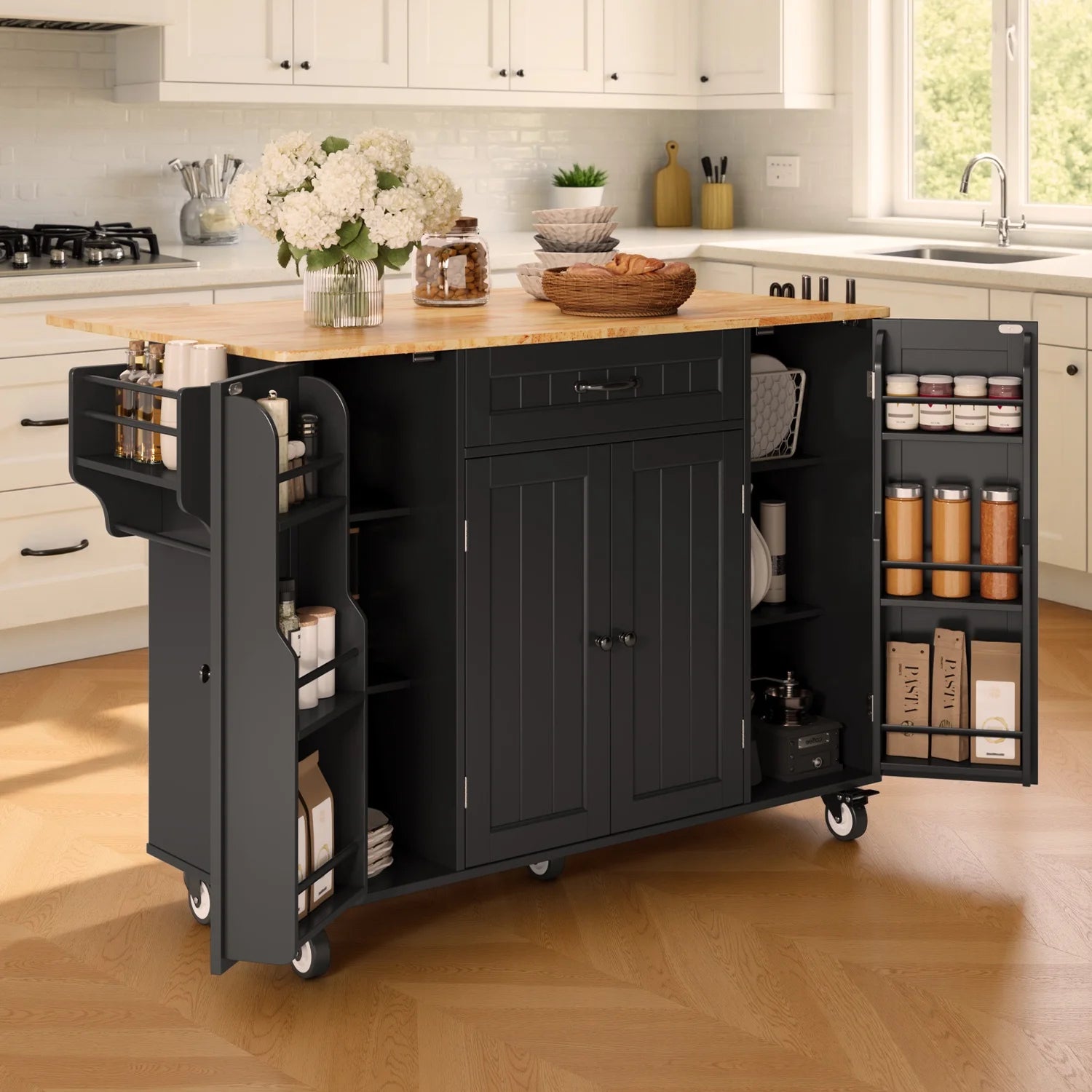 Noelse Kitchen Island with Storage, Island Table for Kitchen with Drop Leaf, Spice Rack, Towel Bar for Small Kitchens, White