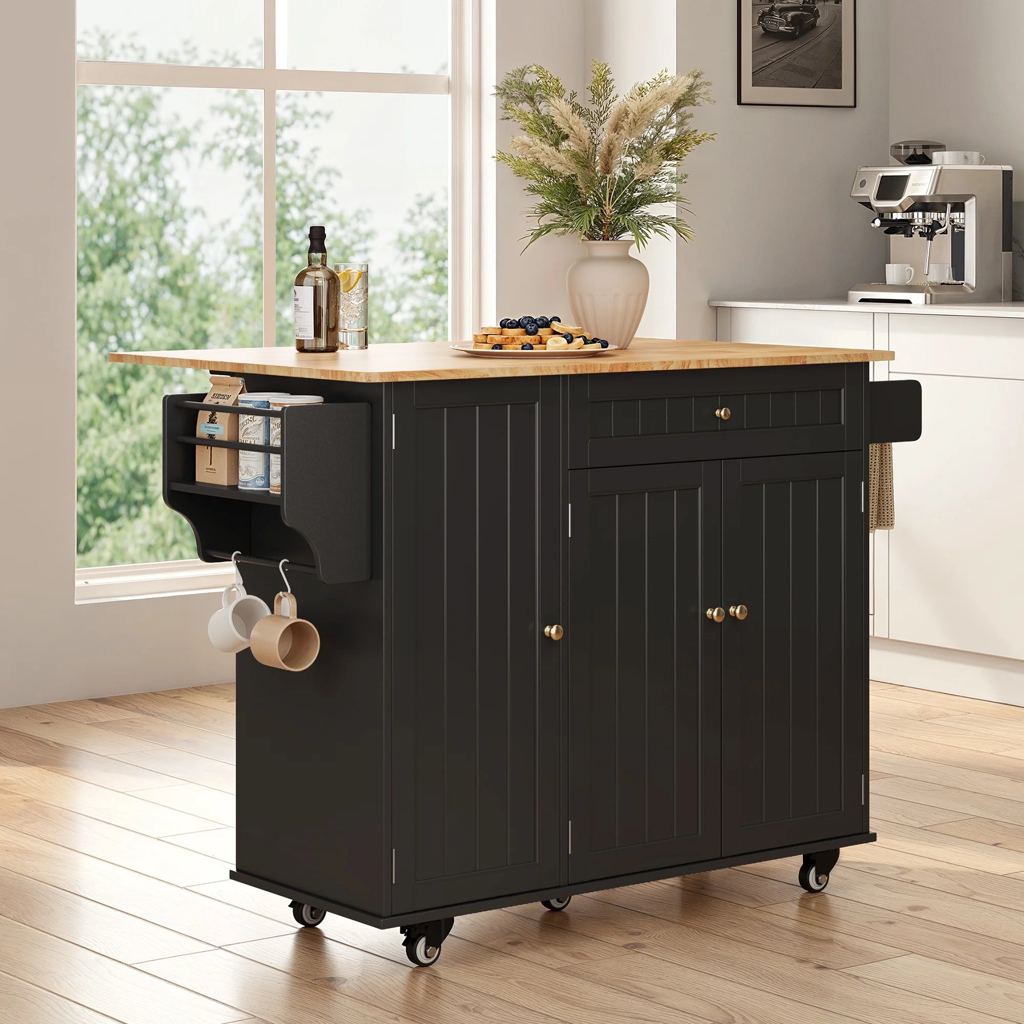 Noelse Kitchen Island with Storage, Island Table for Kitchen with Drop Leaf, Spice Rack, Towel Bar for Small Kitchens, White