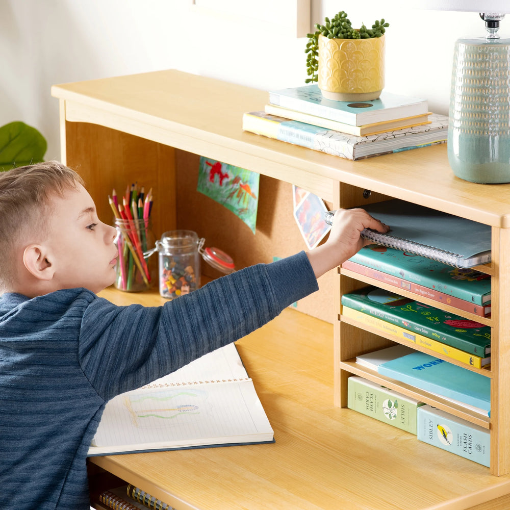 Guidecraft Kids Media Desk and Chair Set - Gray: Kids Desk and Chair Set, Study Table for Kids with Hutch and Shelf, Wood Bedroom Furniture Set