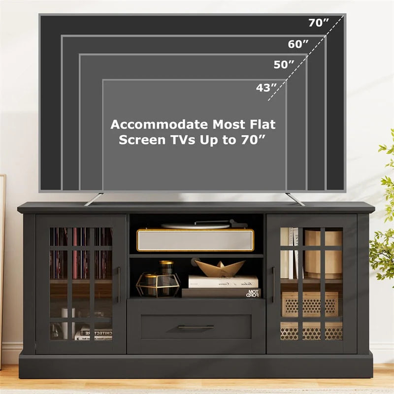 62" Farmhouse TV Stand for 70 Inch TVs, Tall Media Console Table with 2 Glass Doors, Cubbies & Drawer, Storage Cabinet for Living Room