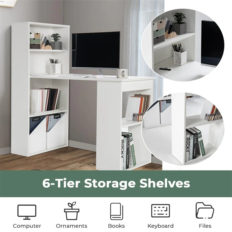 48" Computer Desk with 6-Tier Storage Shelves, 3-in-1 Reversible Writing Desk w/ Bookshelf & CPU Stand, Space-Saving Home Office Workstation