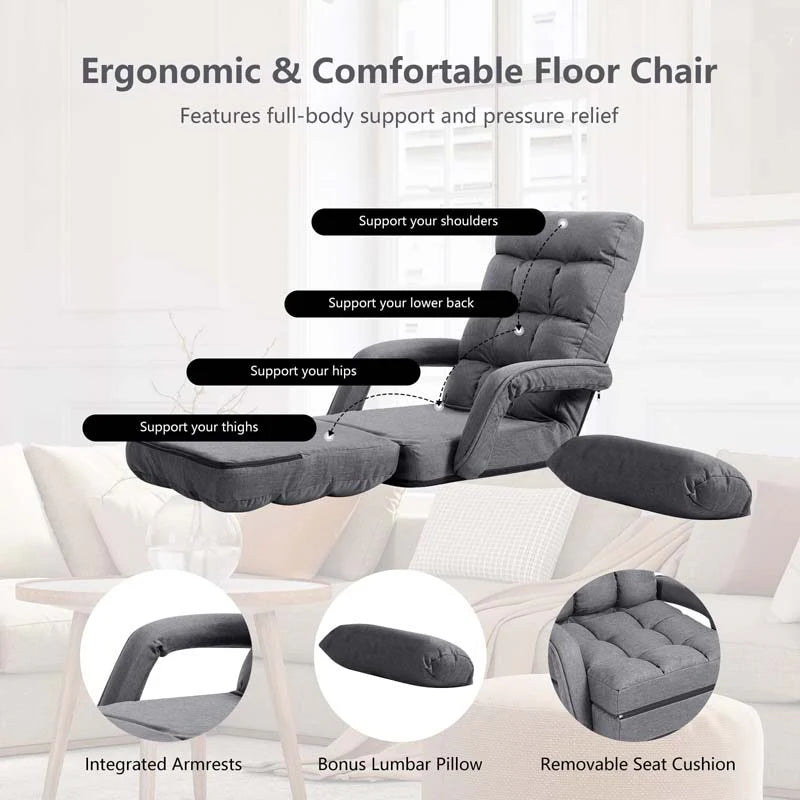 Folding Lazy Sofa Floor Chair with 6-Position Adjustable Backrest, Lumbar Pillow & Armrests, Indoor Chaise Lounge Sofa for Gaming, Living Room