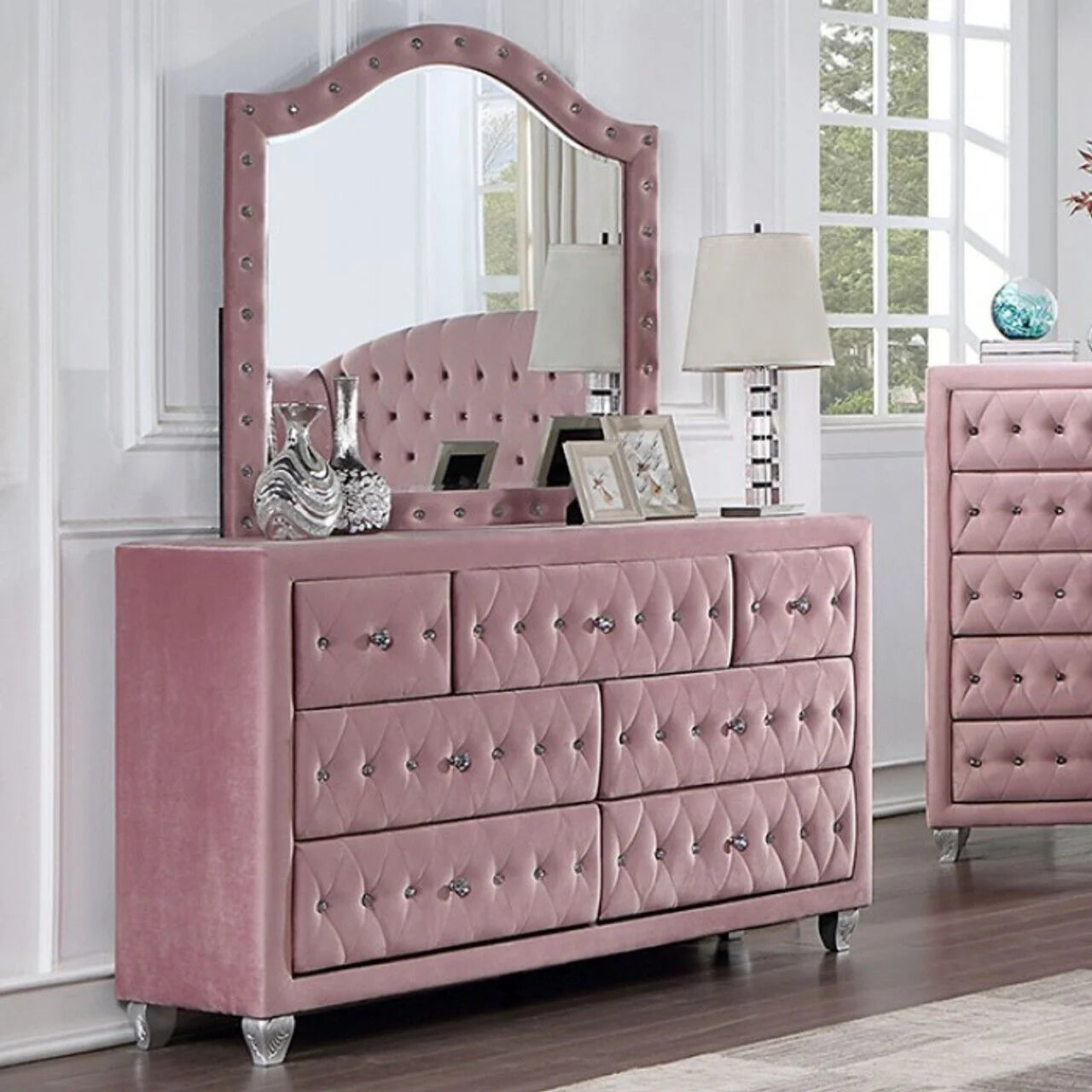 Glam Pink Upholstered Tufted Velvet Like Fabric 4pc Full Size Bed Set Dresser Mirror Nightstand Bedroom Furniture