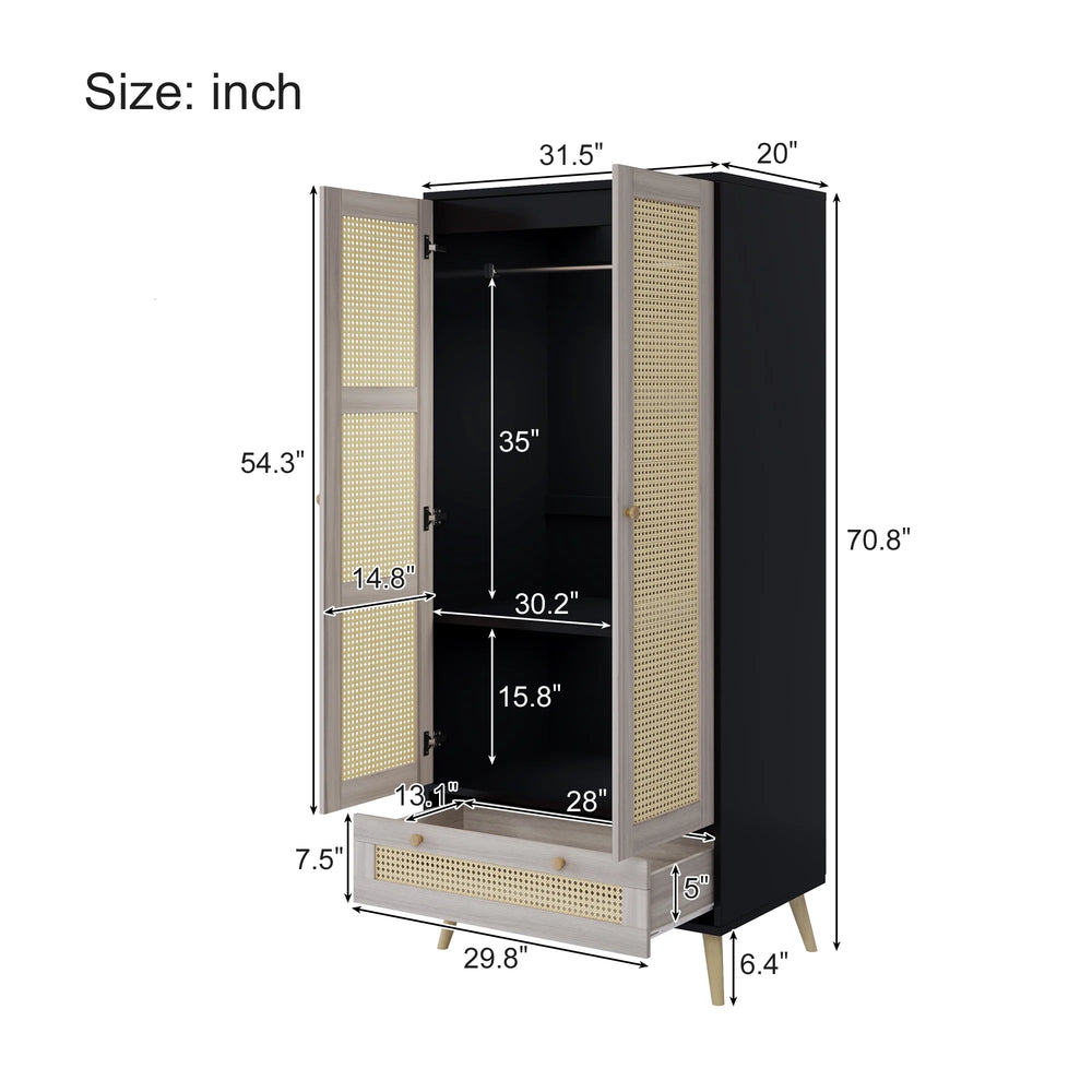 GOMYHOME - Accent Cabinet with Rattan Doors & Drawer, Modern Storage Armoire for Living Room, Bedroom, Natural Wood Finish