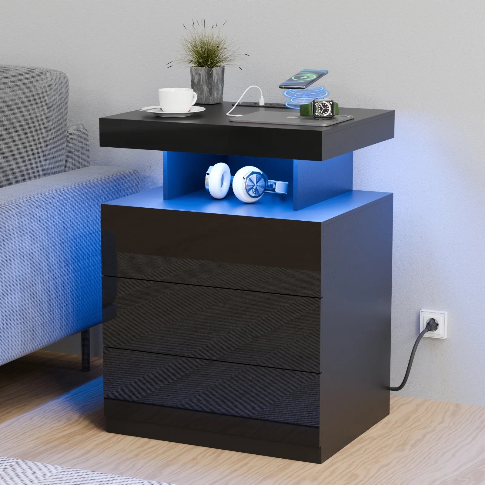 Hommpa LED Nightstand Wireless Charging Station USB Type C Outlets Bedside Table 3 Drawers Black Night Table Modern Smart Nightstand High Gloss End Side Table for Bedroom Furniture 26.8" Tall