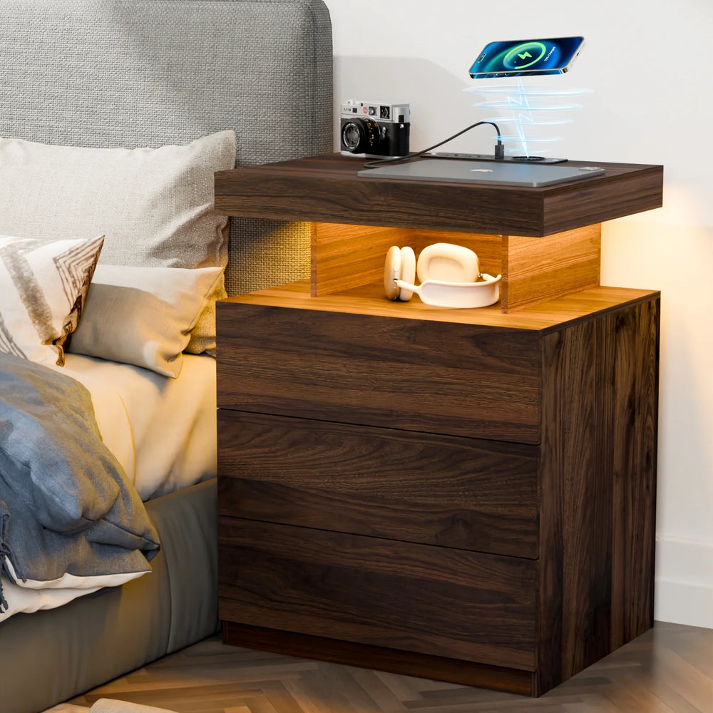 Hommpa LED Nightstand Wireless Charging Station USB Type C Outlets Bedside Table 3 Drawers Black Night Table Modern Smart Nightstand High Gloss End Side Table for Bedroom Furniture 26.8" Tall