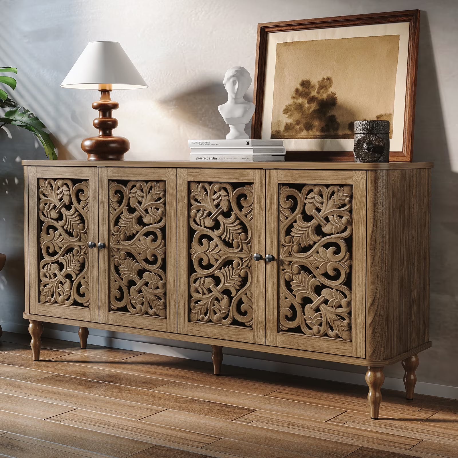 HLR 48" Accent Cabinet with 4 Doors, Vintage Hollow Carving Storage Credenza, Sideboards and Buffets Cabinet for Living Room, Kitchen, Dining Room, Entryway