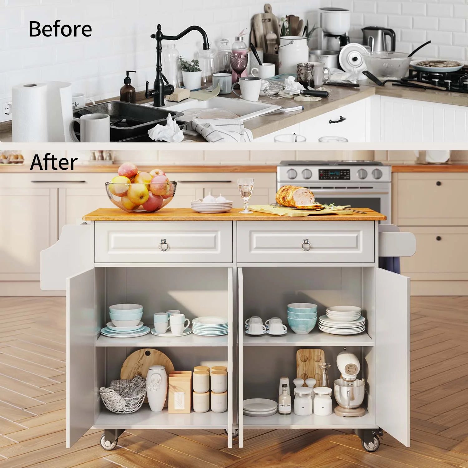 Lofka 52 - Inch Kitchen Island with Storage on Wheels with Wood Drop Leaf, Ideal for Small Kitchens