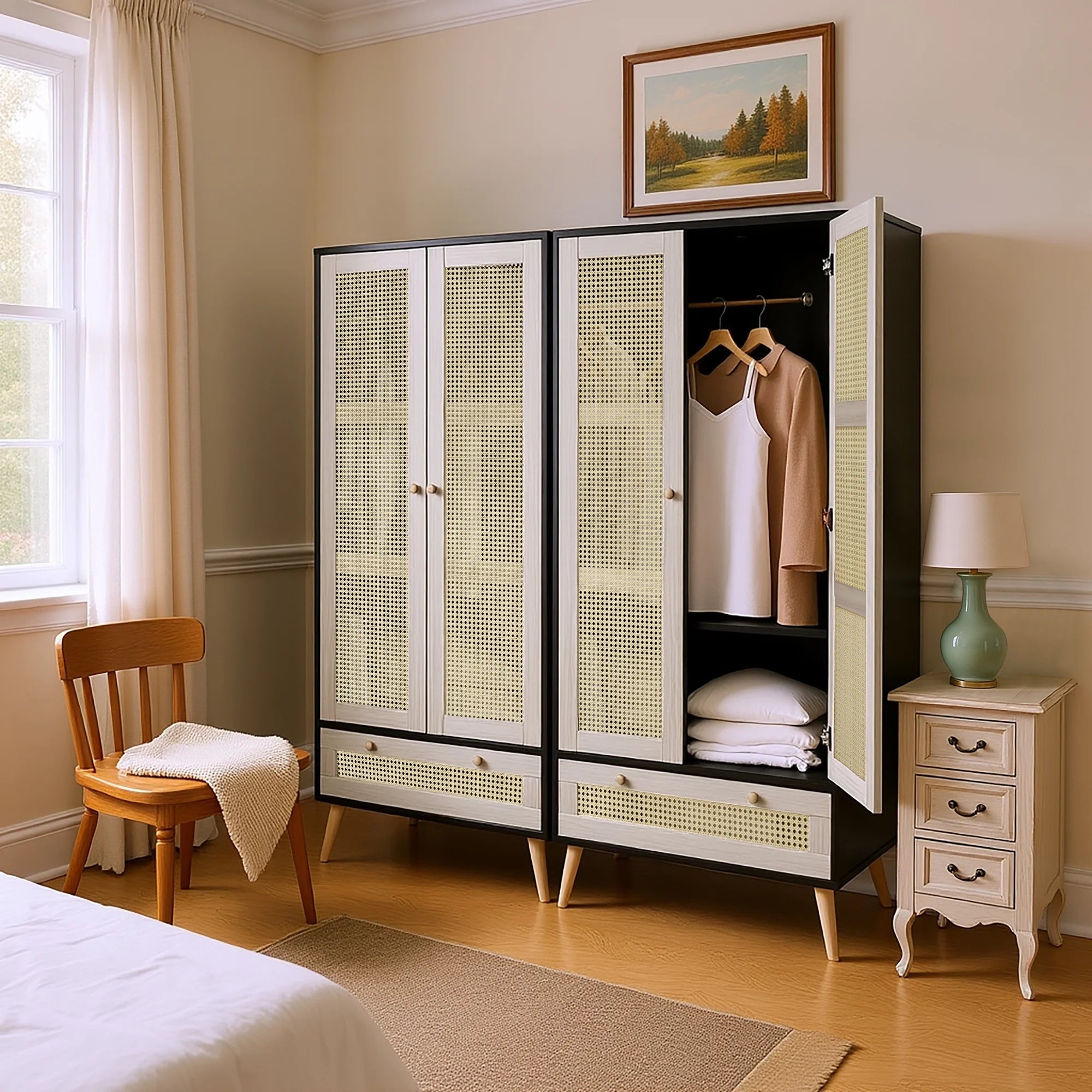 GOMYHOME - Accent Cabinet with Rattan Doors & Drawer, Modern Storage Armoire for Living Room, Bedroom, Natural Wood Finish