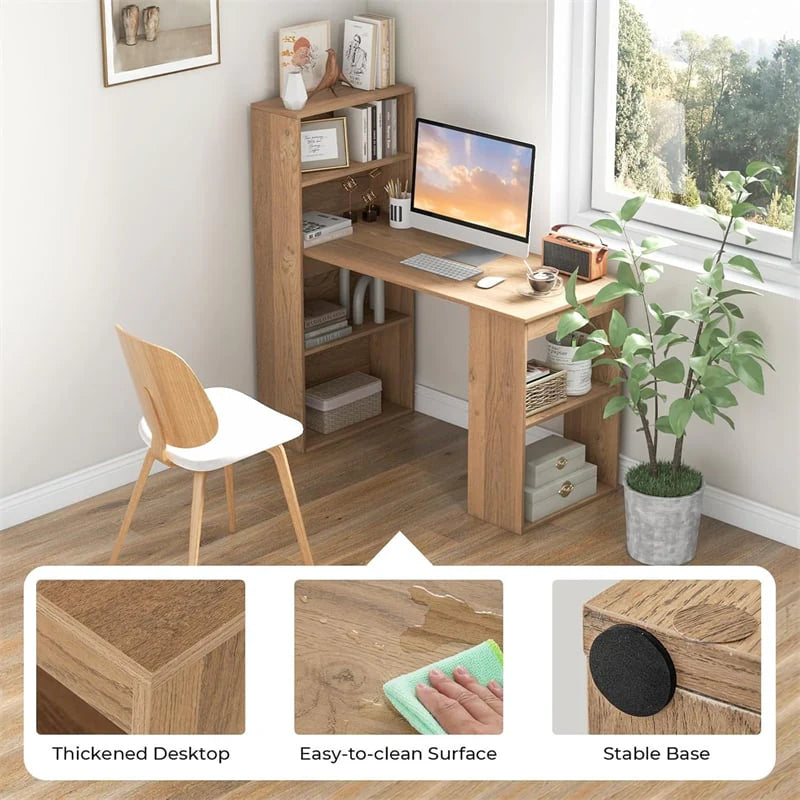 48" Computer Desk with 6-Tier Storage Shelves, 3-in-1 Reversible Writing Desk w/ Bookshelf & CPU Stand, Space-Saving Home Office Workstation