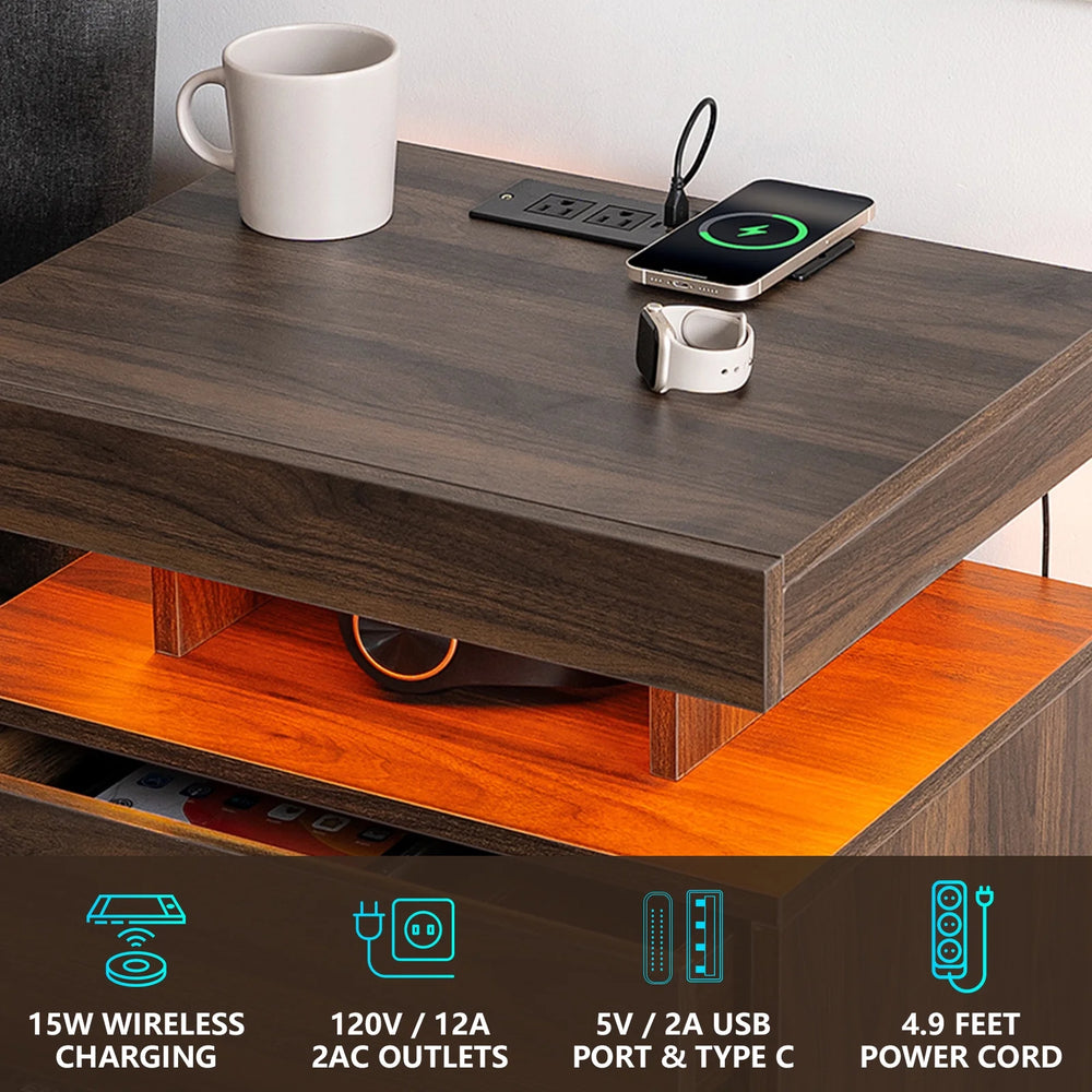 Hommpa LED Nightstand Wireless Charging Station USB Type C Outlets Bedside Table 3 Drawers Black Night Table Modern Smart Nightstand High Gloss End Side Table for Bedroom Furniture 26.8" Tall