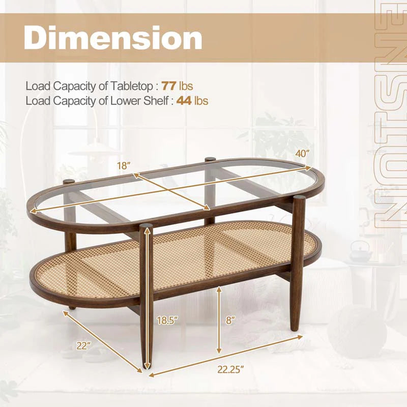 2-Tier Oval Boho Coffee Table with Tempered Glass Top, Rattan Shelf & Acacia Wood Frame, Mid Century Modern Center Table for Living Room Office