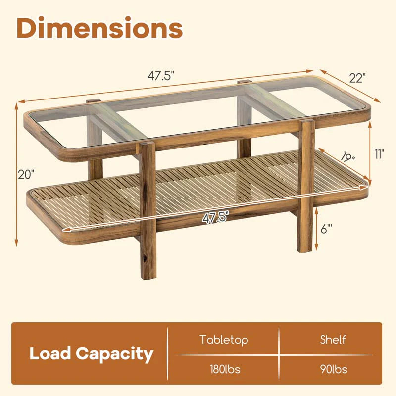 2-Tier Rattan Coffee Table, 47.5" Solid Wood Rectangle Tea Table with Tempered Glass Top & Storage Shelf, Farmhouse Boho Center Table for Living Room