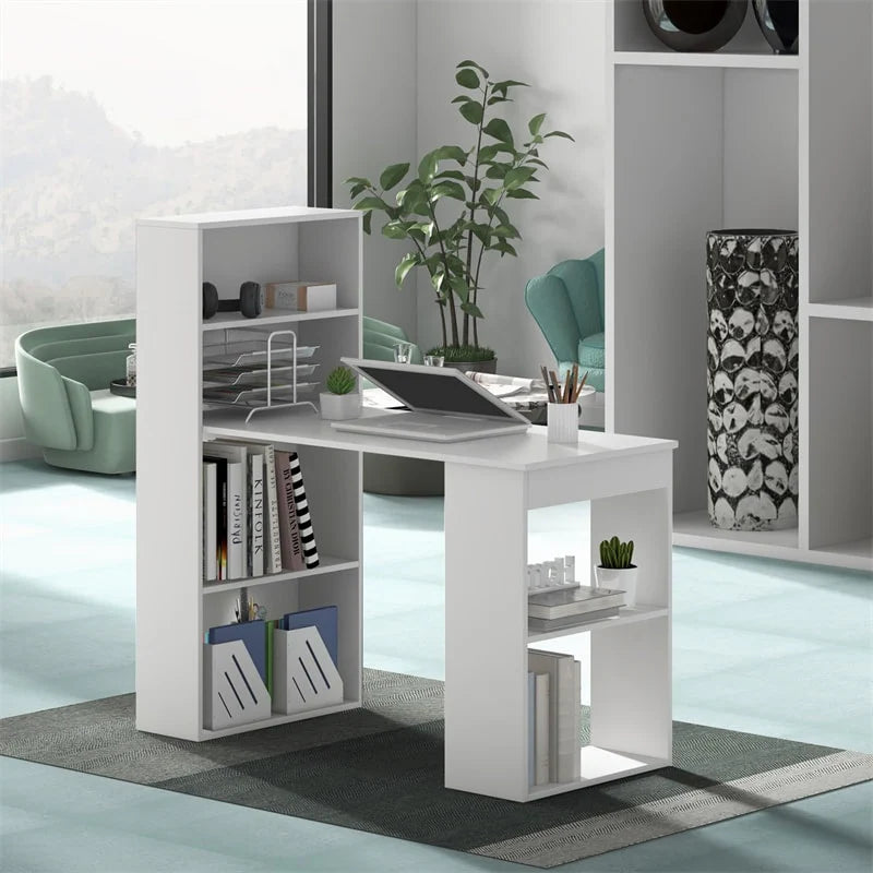 48" Computer Desk with 6-Tier Storage Shelves, 3-in-1 Reversible Writing Desk w/ Bookshelf & CPU Stand, Space-Saving Home Office Workstation