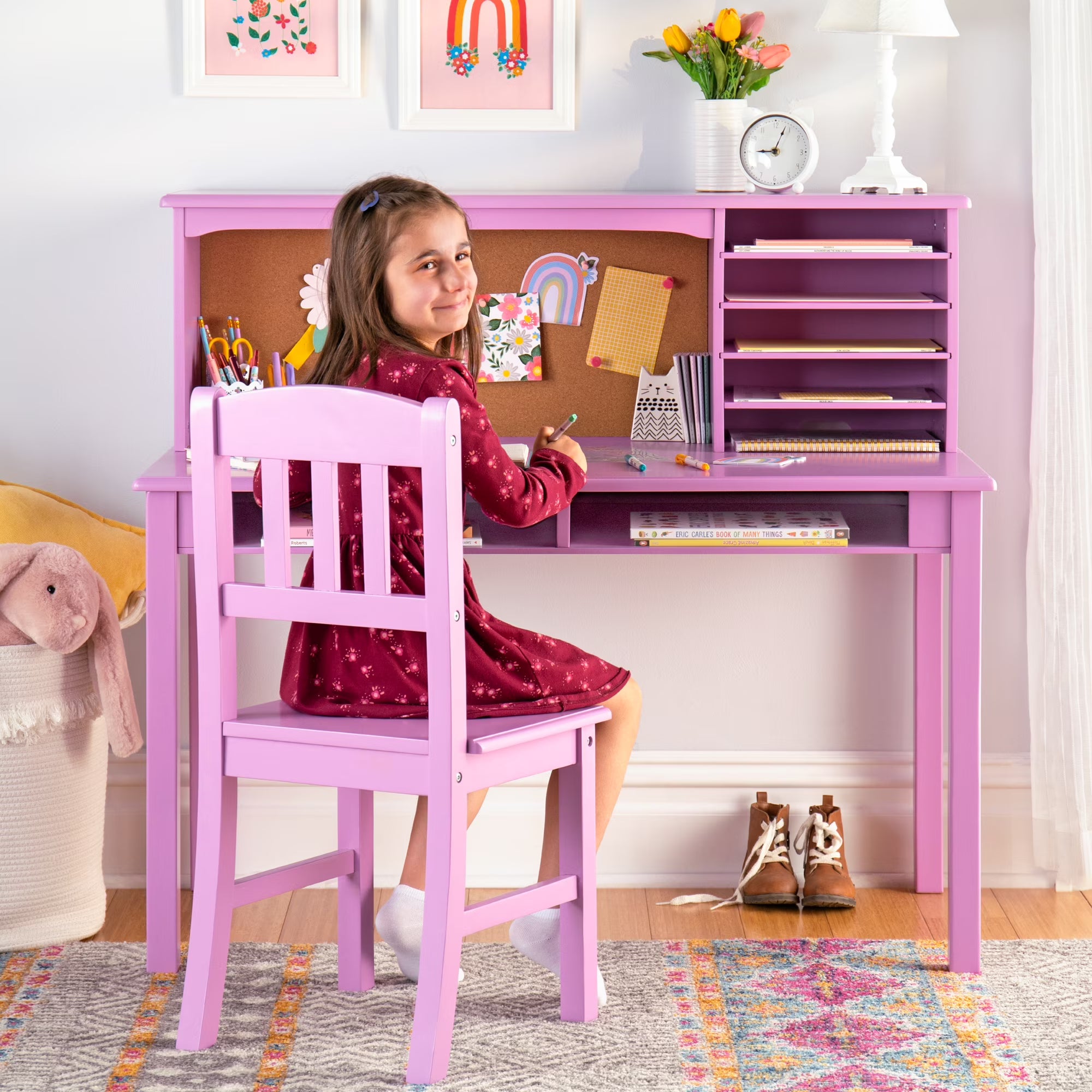 Guidecraft Kids Media Desk and Chair Set - Gray: Kids Desk and Chair Set, Study Table for Kids with Hutch and Shelf, Wood Bedroom Furniture Set