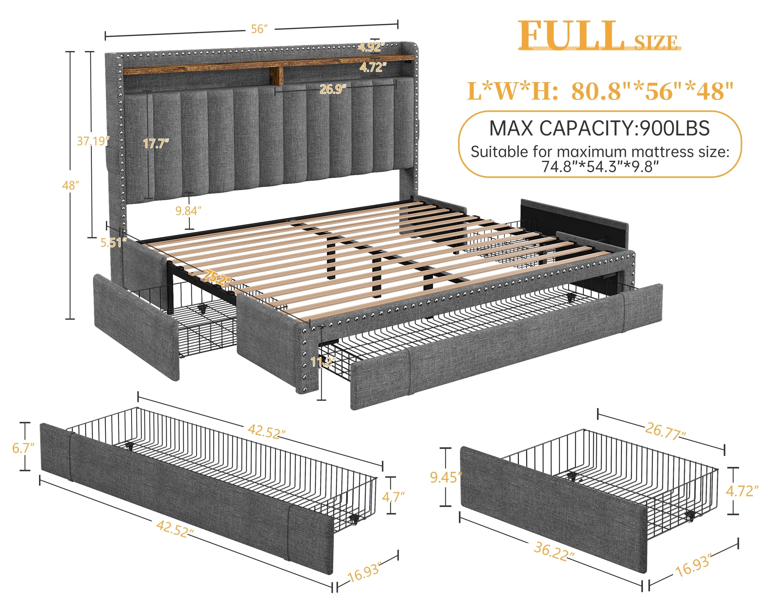 Enhomee Queen Bed Frame with 3 Storage Drawers Upholstered Queen Size Bed Frame with Headboard Noise Free Platform Bed with Metal Frame & Wood Slats Support Beige Bedroom Furniture for Adults Clothes - Full / Beige / with Storage Shelf