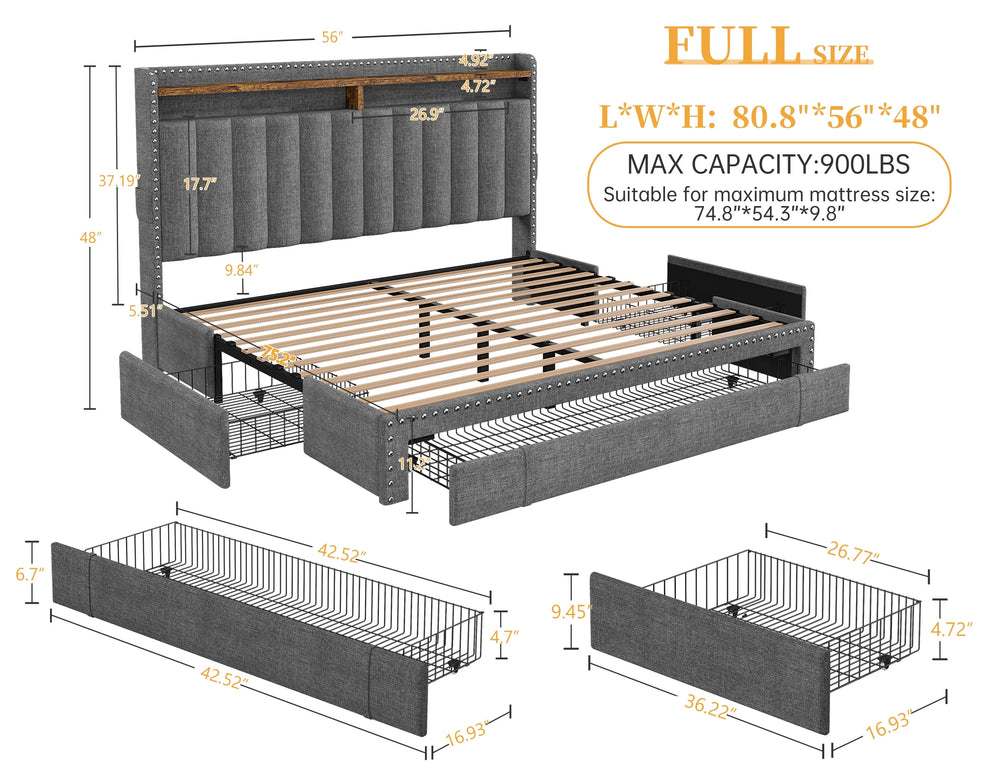 Enhomee Queen Bed Frame with 3 Storage Drawers Upholstered Queen Size Bed Frame with Headboard Noise Free Platform Bed with Metal Frame & Wood Slats Support Beige Bedroom Furniture for Adults Clothes - Full / Beige / with Storage Shelf