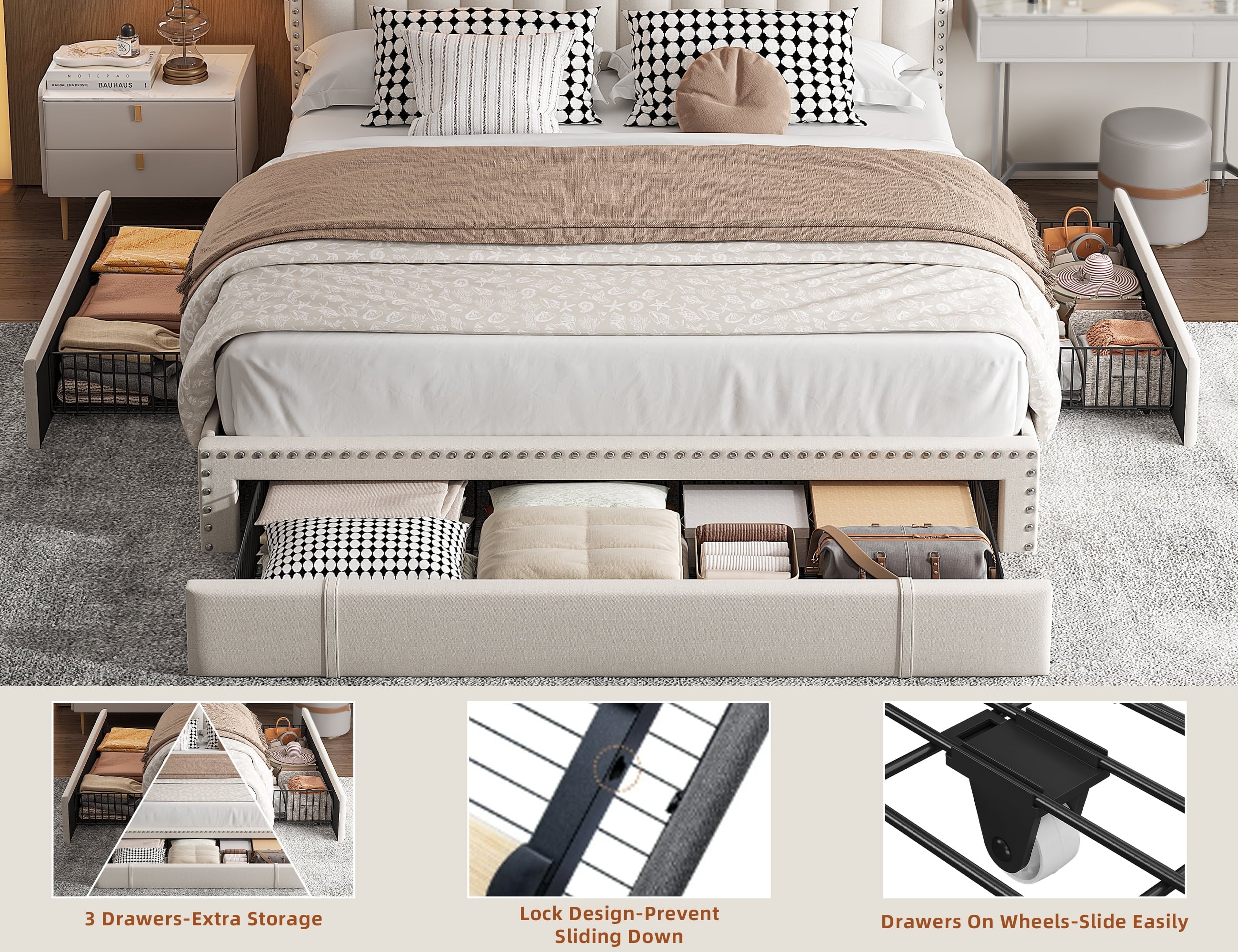 Enhomee Queen Bed Frame with 3 Storage Drawers Upholstered Queen Size Bed Frame with Headboard Noise Free Platform Bed with Metal Frame & Wood Slats Support Beige Bedroom Furniture for Adults Clothes - Full / Beige / with LED